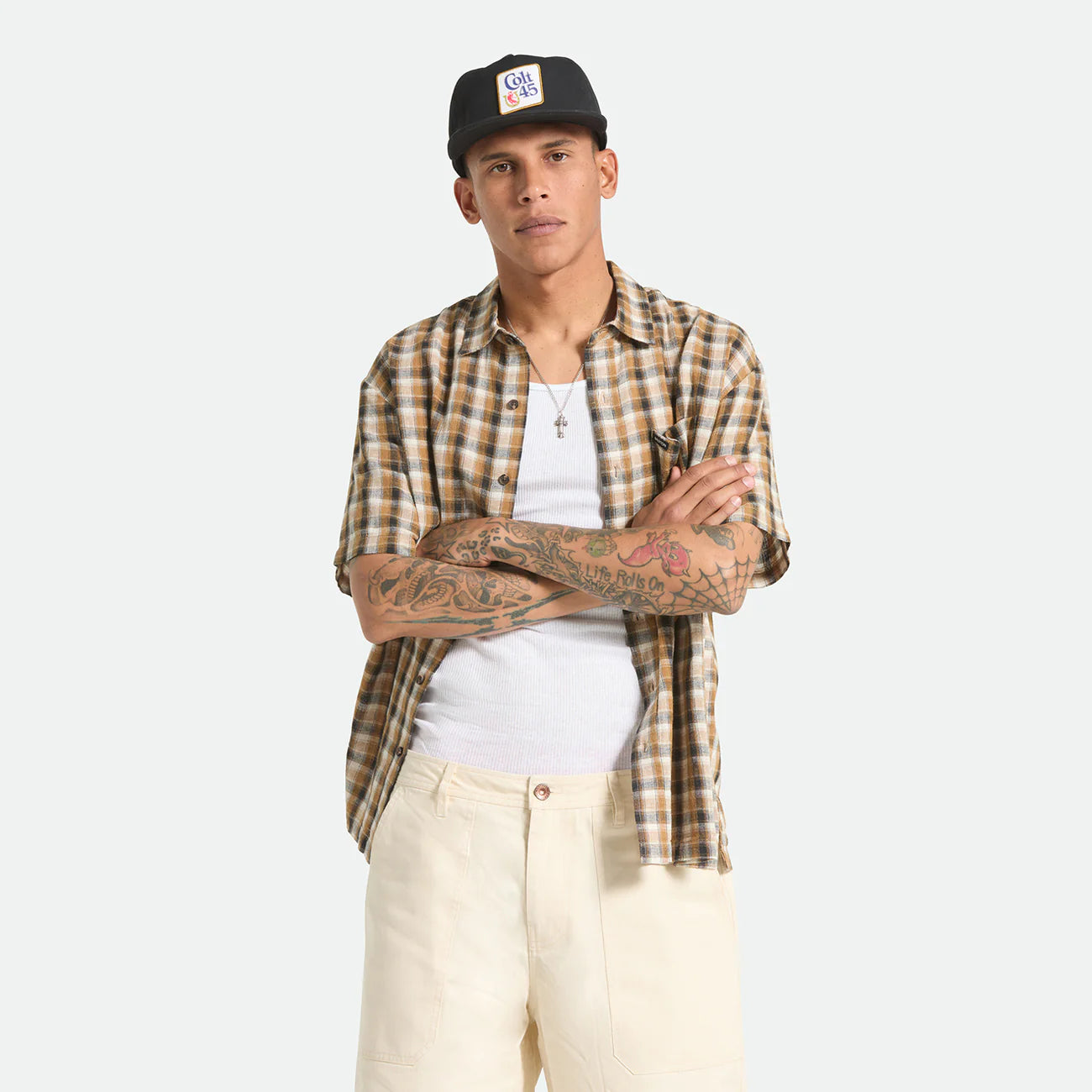BRIXTON CRU LINEN BLEND PLAID S/S WVN BLACK/TOBACCO PLAID ブリクストン CRUリネンブレンドプランド ショートスリーブシャツ