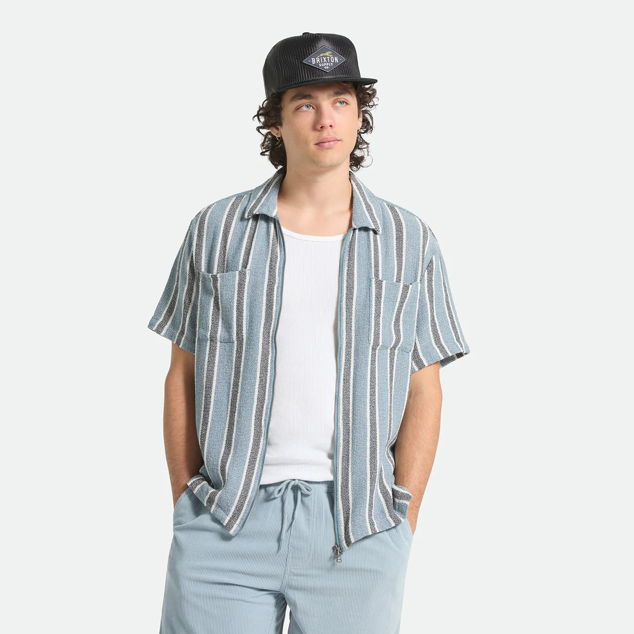 BRIXTON THE DEXTER TEXTURED STRIPE S/S WVN BLACK/DUSTY BLUE ブリクストン デクスターテクスチャードストライプ ショートスリーブシャツ